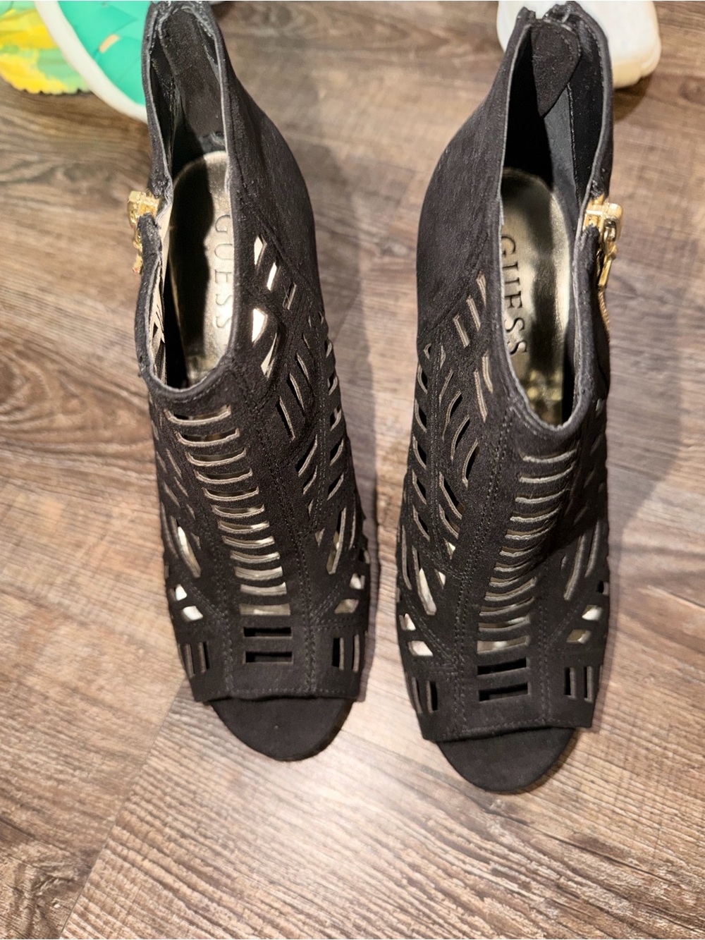 Guess Black Laser-Cut Peep-Toe Heeled Booties with Gold Buckle